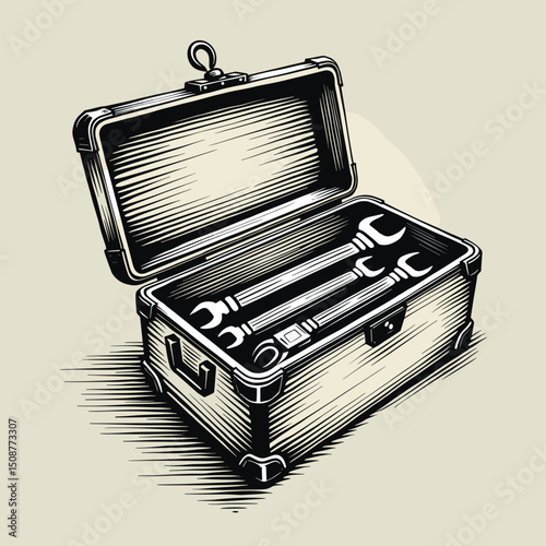 Toolbox with wrenches, vintage style for equipment repair