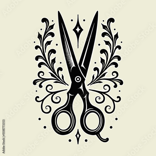 Vintage style scissors with floral elements on beige background for print, with copy space