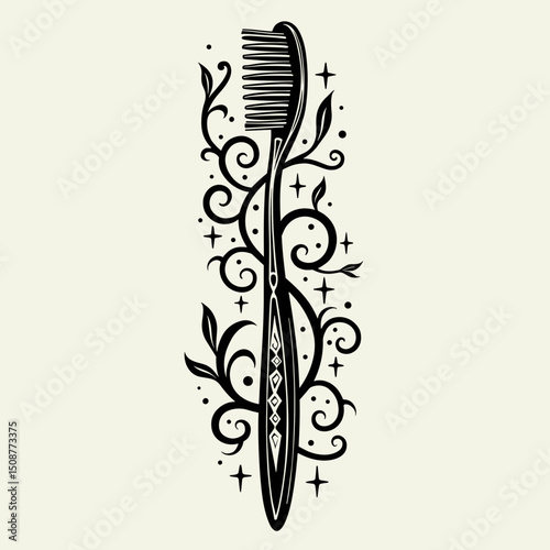 Toothbrush surrounded by botanical elements in black and white, the concept of dental hygiene, with copy space