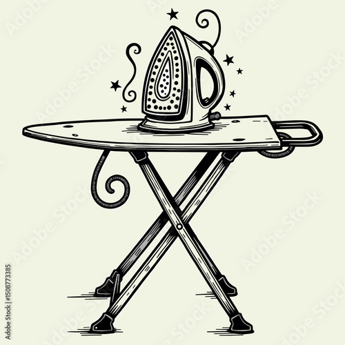 Iron on ironing board, vintage style, for chores and household tasks