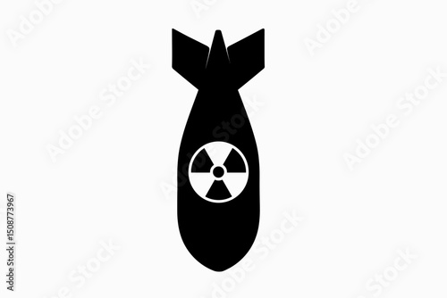 Nuclear missile silhouette with radiation warning symbol - black military rocket icon vector illustration for warfare and atomic weapon designs