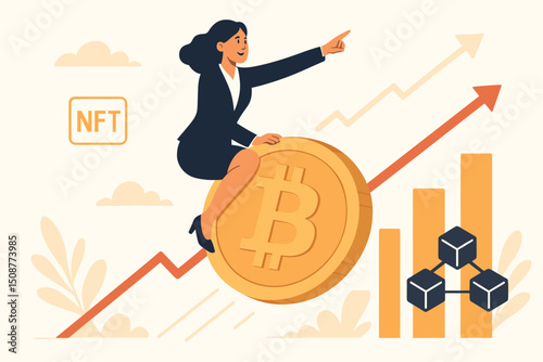 Confident businesswoman investor riding golden Bitcoin coin with upward trending arrows and growth charts representing cryptocurrency investment success and financial profit