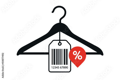 Black clothes hanger with price tag featuring barcode and red percentage discount symbol - retail shopping sale concept vector illustration