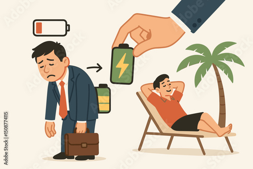 Tired businessman being recharged and transformed to relaxed vacation state with battery energy metaphor illustrating work-life balance and wellness concept