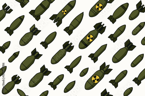 Military Green Bombs and Nuclear Missiles Seamless Pattern Vector - Warfare Weapons Background Design with Radiation Warning Symbols