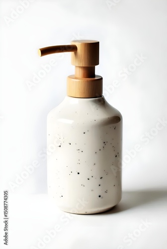 A stylish and minimalist soap dispenser with a speckled off-white ceramic body and a light wood pump stands against a plain white backdrop.