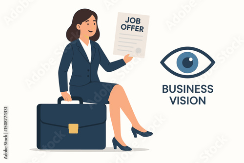 Professional businesswoman presenting job offer letter with business vision concept - corporate recruitment and career opportunity vector illustration