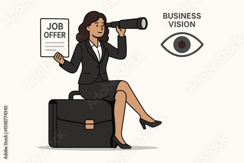 Professional businesswoman with telescope analyzing job opportunities and career vision for strategic business planning and future success concept vector