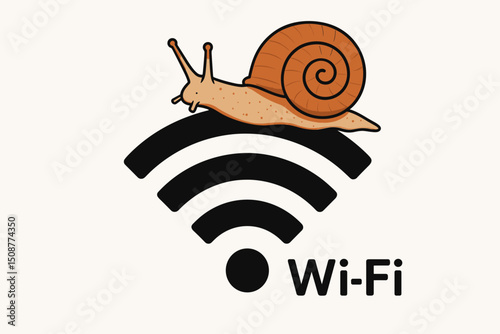 Slow internet connection concept with cute cartoon snail crawling on Wi-Fi symbol representing poor wireless network speed and connectivity issues