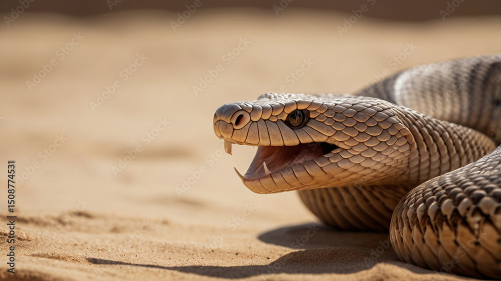 Fototapeta premium Fangs Unveiled: A Photorealistic Macro Close-up of a Snake's Threat Display on Dramatic Desert Sand