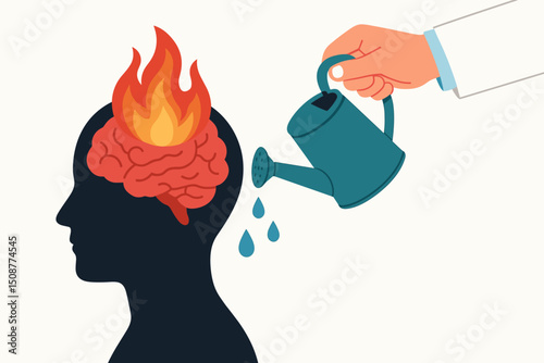 Mental burnout relief concept with hand watering burning brain to extinguish stress flames - psychological wellness metaphor vector illustration