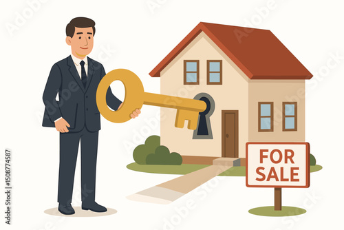 Professional businessman real estate agent holding golden key to unlock home ownership dream with house for sale sign vector illustration