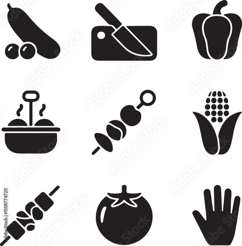 Icon Set Featuring Cucumber, Knife, Bell Pepper, Soup, Corn, Skewer and Hand