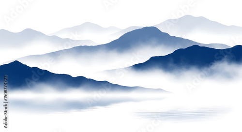 Serene Mountainscape Painting with Misty Layers and Reflections in Water