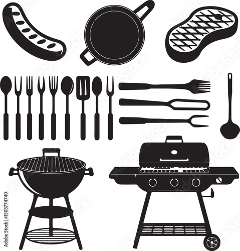 Grill Set with Sausage, Steak, Utensils on Transparent Background