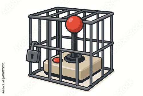 Gaming controller trapped in metal cage with padlock representing video game addiction, parental controls, digital detox and restricted gaming freedom concept