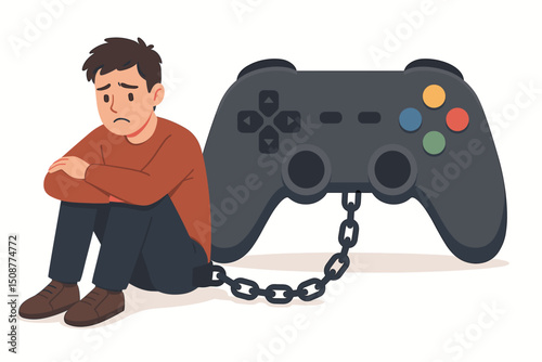 Gaming addiction vector illustration of depressed young man chained to oversized video game controller symbolizing digital dependency and mental health issues