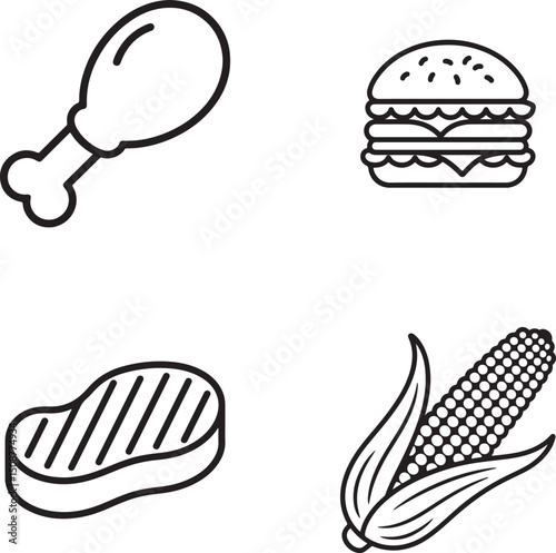 Food Icon Set Chicken Leg, Burger, Steak, and Corn with Transparent Background