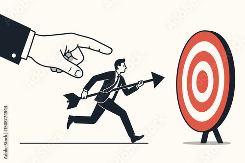 Executive hand pointing businessman with arrow toward bullseye target - business mentorship leadership coaching and goal achievement success vector illustration