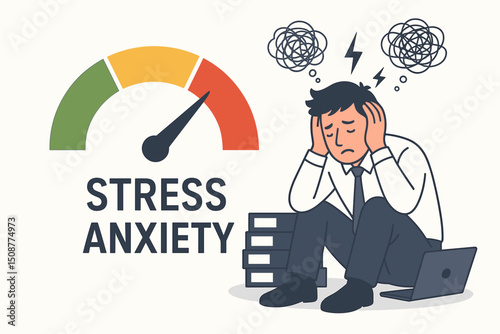 Business anxiety stress meter concept with burnt out employee sitting overwhelmed showing mental health pressure and workplace burnout vector illustration