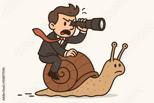 Determined businessman riding snail while using telescope - slow but steady progress, patience and strategic vision concept vector illustration