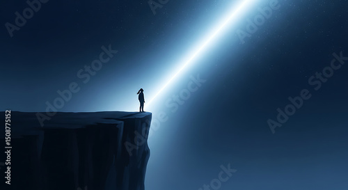 Silhouette of a Person on a Cliff at Night Under a Bright Light