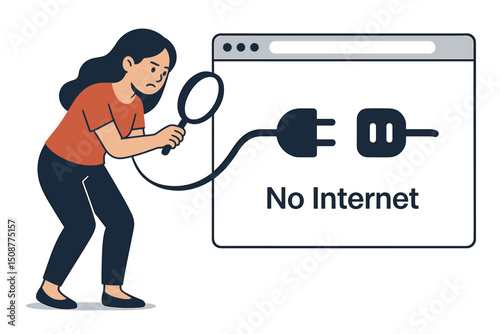 Woman examining web browser connection failure with magnifying glass, computer screen showing no internet access error, network troubleshooting vector concept