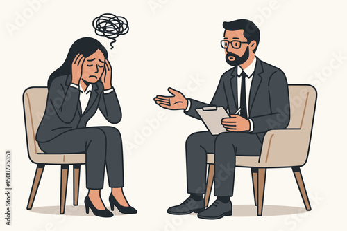 Professional Psychotherapy Session Vector Illustration with Stressed Female Client and Male Therapist, Mental Health Counseling for Anxiety and Emotional Distress in Modern Office Setting