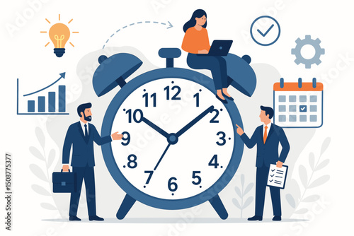 Professional business team managing time efficiently with alarm clock deadline productivity concept vector illustration for workflow planning