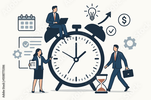 Time management business productivity concept with corporate professionals around giant stopwatch clock, deadline efficiency planning workflow teamwork vector illustration