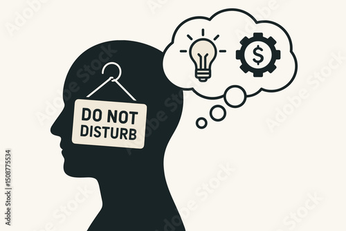 Focused creative mind with do not disturb sign thinking business ideas lightbulb innovation monetization concept vector illustration