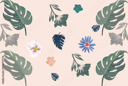 This fabric design features tropical leaves and colorful flowers scattered on a soft beige background, creating a relaxed and natural vibe.