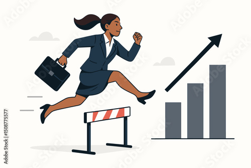 Confident businesswoman jumping over hurdle with briefcase, overcoming obstacles and challenges in corporate success vector illustration with growth chart