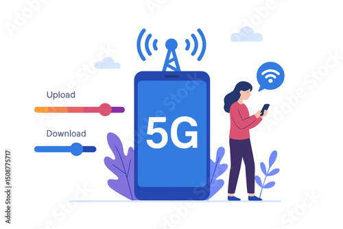 5G high-speed mobile network technology concept with smartphone, cellular tower, data transfer speeds and wireless connectivity illustration