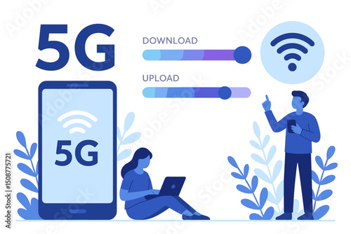 5G high-speed network technology vector illustration with download upload progress bars, people using smartphones showing wireless internet connectivity