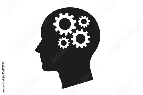 Human head profile silhouette with mechanical gears representing creative thinking, innovation, problem-solving and cognitive brain processes in modern business concept vector illustration