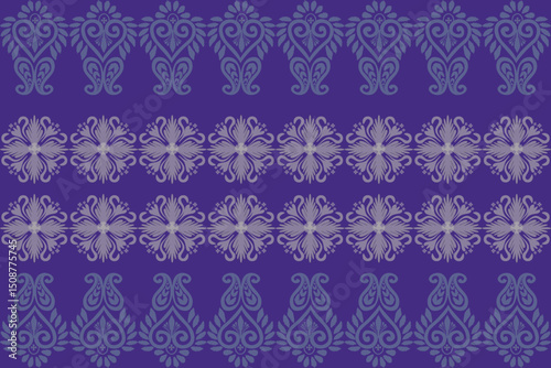 This fabric features a seamless traditional pattern in soft blue tones on a rich purple background, giving it a classic and elegant look.