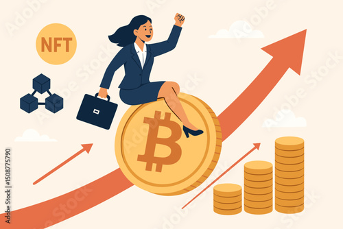 Successful businesswoman celebrating Bitcoin cryptocurrency investment growth riding golden coin with upward trending arrows and profit stacks