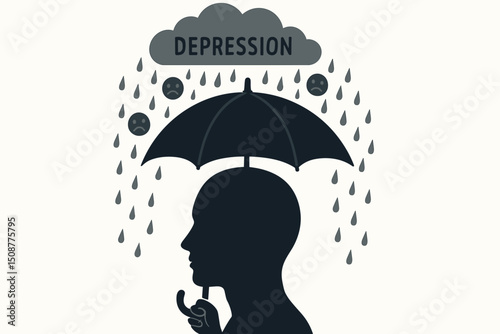 Mental health protection concept vector illustration showing person with umbrella defending against depression cloud rain and sad emotions for therapy design