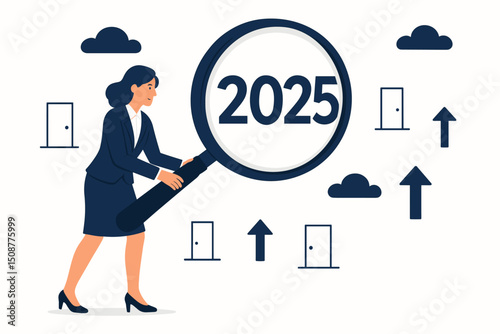 Professional businesswoman analyzing future opportunities with magnifying glass revealing 2025 vision, growth arrows and doors representing strategic business insights
