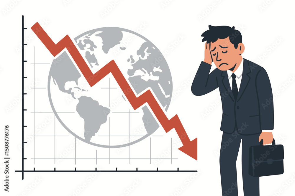 Devastated businessman witnessing global financial market crash with dramatic red declining arrow cutting through world economy chart and statistics Devastated businessman witnessing global financial market crash with dramatic red declining arrow cutting through world economy chart and statistics