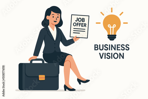 Professional businesswoman holding job offer document with lightbulb innovation concept vector illustration for career recruitment and business vision