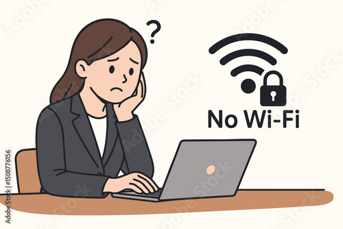 Frustrated businesswoman experiencing Wi-Fi connection problems at workplace - vector illustration of internet connectivity issues and technology challenges
