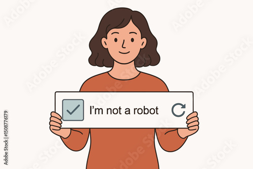 Young woman displaying I'm not a robot CAPTCHA verification banner with checkmark and refresh button - cybersecurity authentication vector illustration