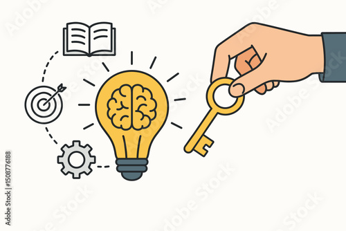 Creative problem solving illustration featuring brain lightbulb, golden key solution, target achievement and educational business concept symbols