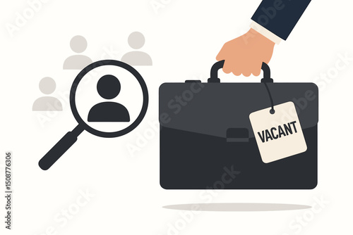 HR recruitment hiring process with magnifying glass searching for candidate and business hand holding briefcase with vacant position tag flat vector illustration