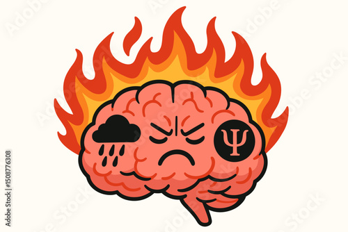 Burning Brain on Fire Vector - Mental Stress Burnout Psychology Concept Angry Mind with Flames Storm Cloud and Psi Symbol Illustration Design