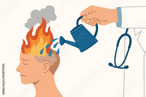 Mental burnout relief concept - doctor hand extinguishing flaming brain with cooling water therapy for stress treatment and psychological healing vector