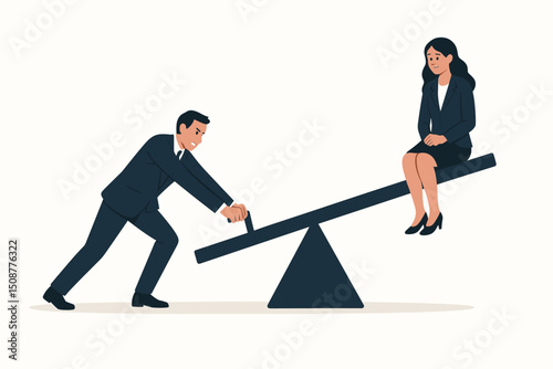 Corporate inequality vector showing business gender gap with professional man and woman on unequal seesaw balance metaphor for workplace discrimination