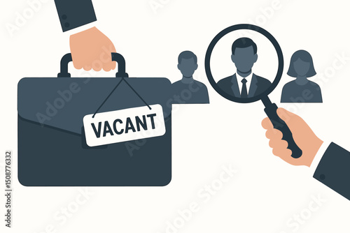 HR recruitment concept with magnifying glass searching candidates for job vacancy position, business hiring process vector illustration